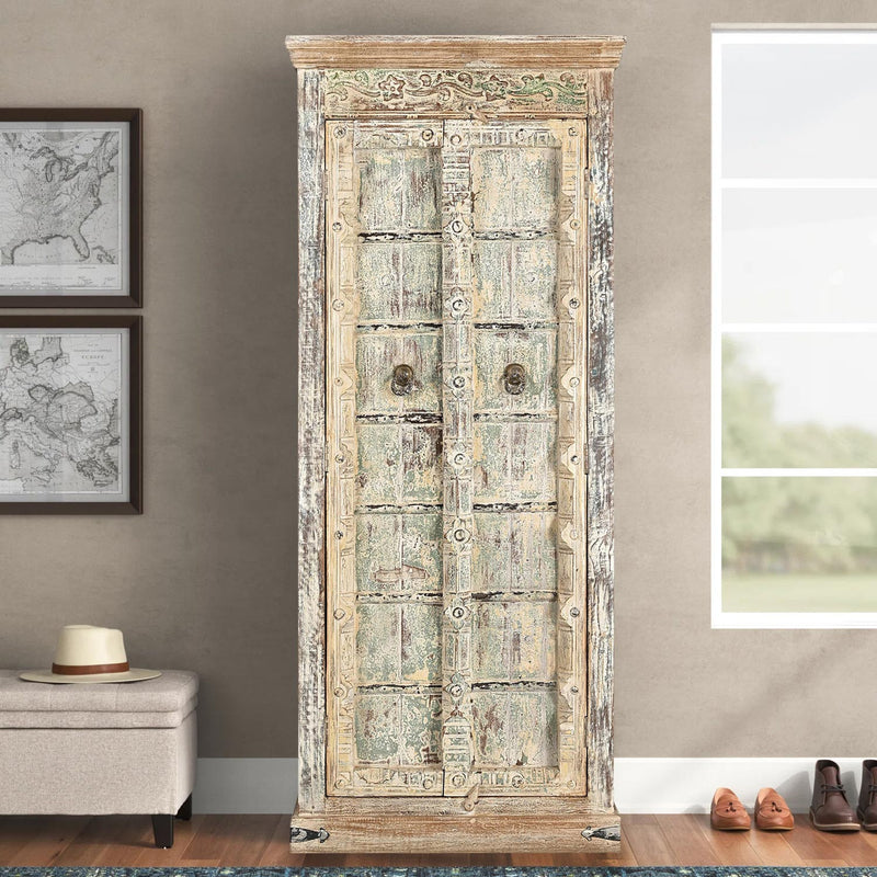 82 in. Tall Distressed White Antique Door Upcycled Solid Wood Armoire