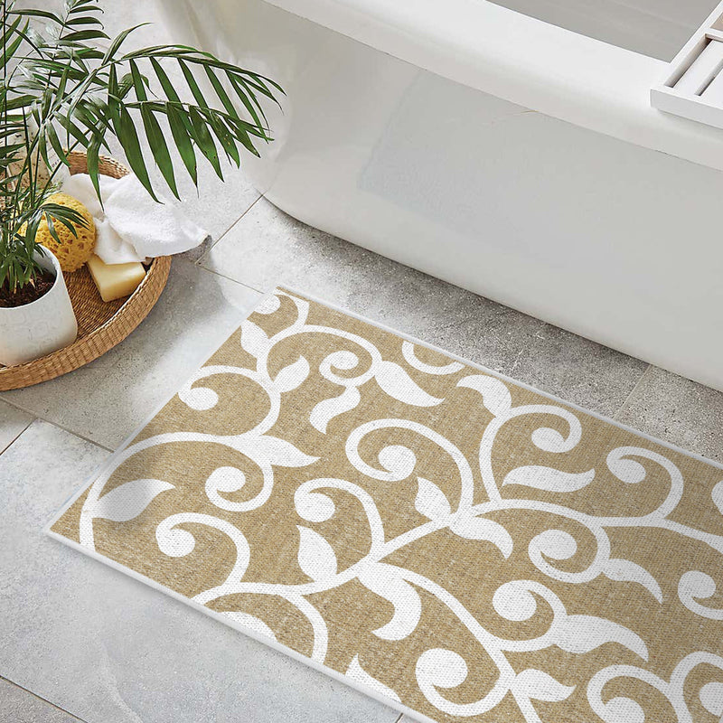 Floral Design 2 Piece Bathroom Rugs Set | Beige
