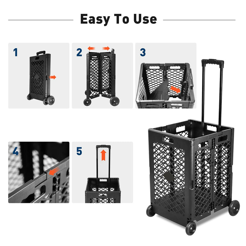 70L Foldable Rolling Cart Crate with Wheels Collapsible Basket with Telescopic Handle, Black