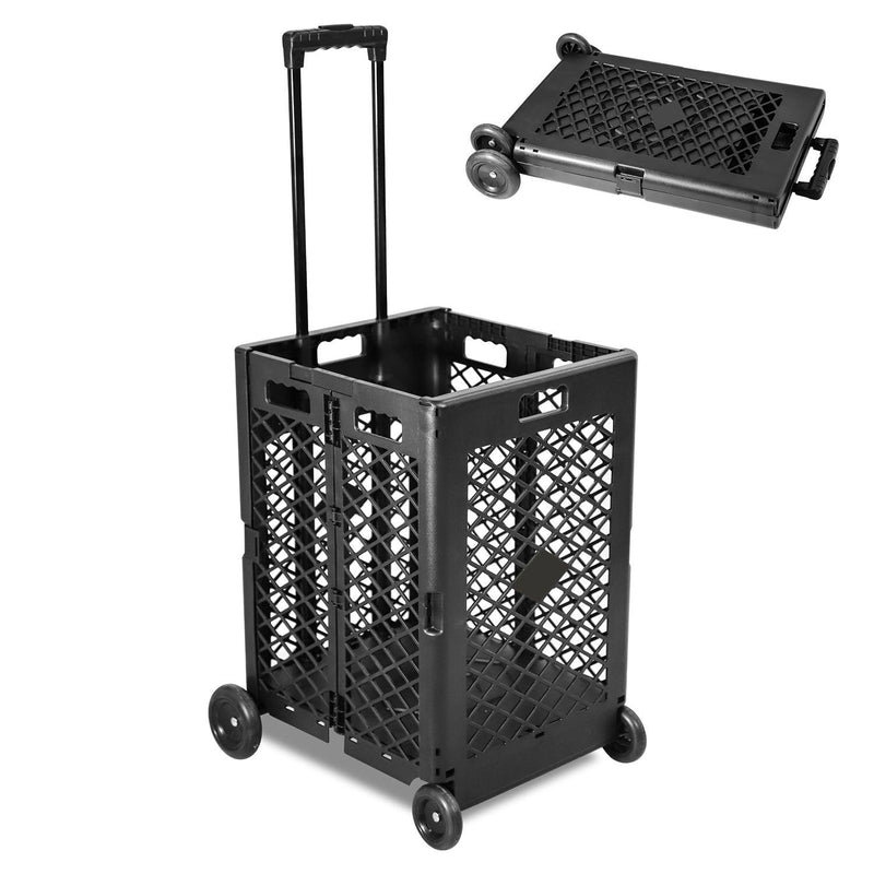 70L Foldable Rolling Cart Crate with Wheels Collapsible Basket with Telescopic Handle, Black