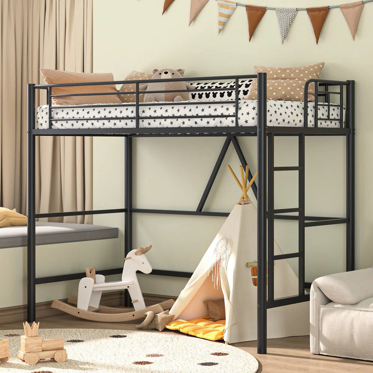 Twin size Black Metal Loft Bed Frame with Ladder - Space Saving Design, photo 3 of 5