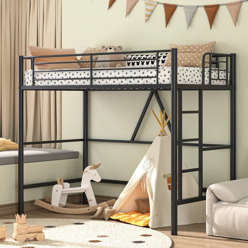 Twin size Black Metal Loft Bed Frame with Ladder - Space Saving Design, photo 3 of 5