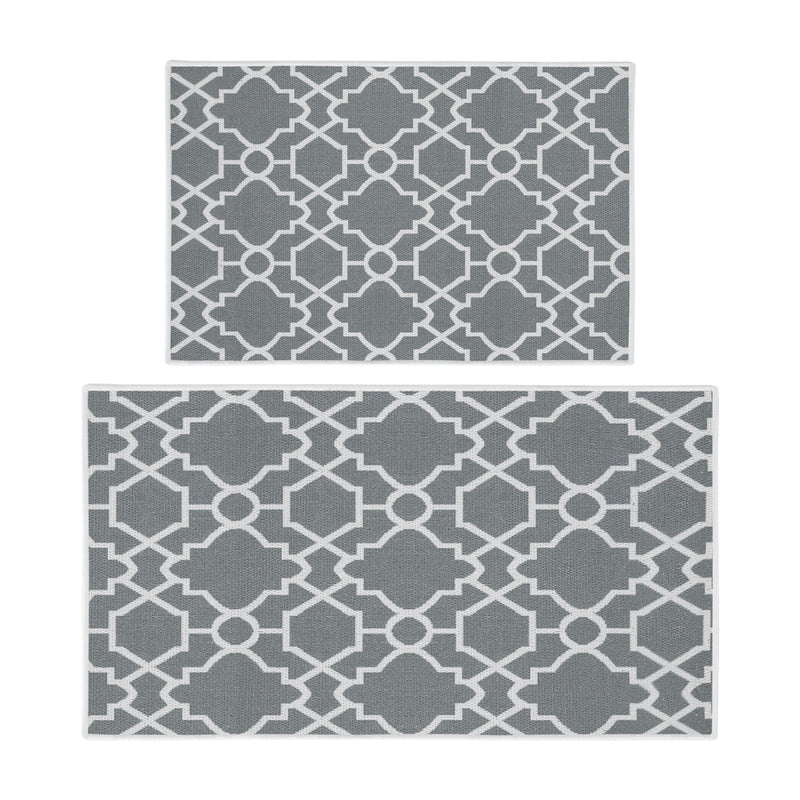 Geometric Graphic Design Non Skid Washable Kitchen Runner Rugs Set of 2| 44 x 24 and 31.5 x 20 Inches Floor Mats |Gray