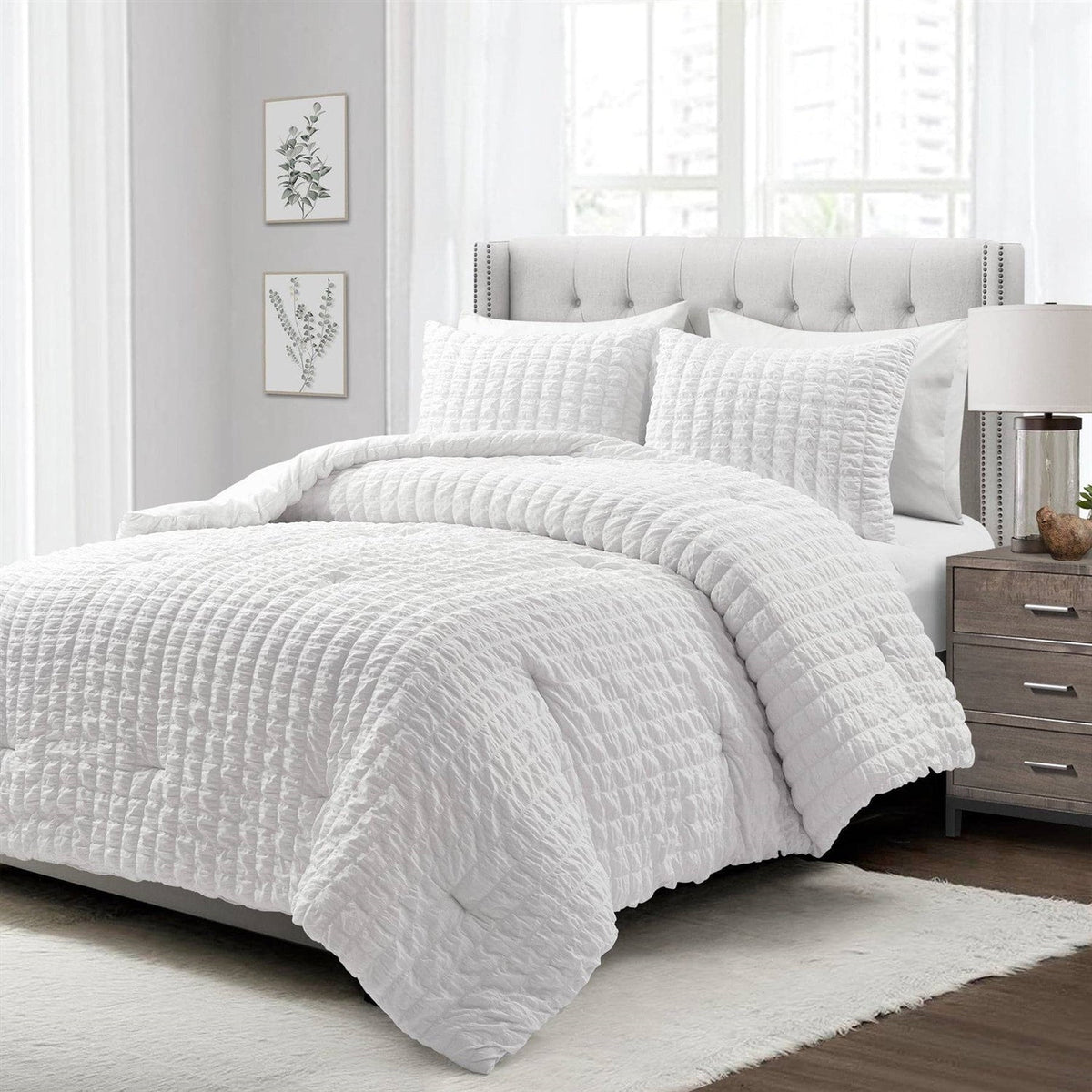 Twin/XL Size Microfiber Crinkled Texture 2 Piece Comforter Set White, photo 3 of 5
