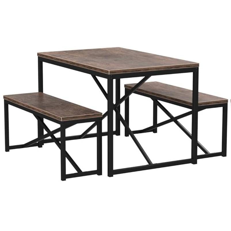 Modern 3-Piece Dining Set with Wood Top Metal Frame Table and 2 Bench Chairs, photo 3 of 4