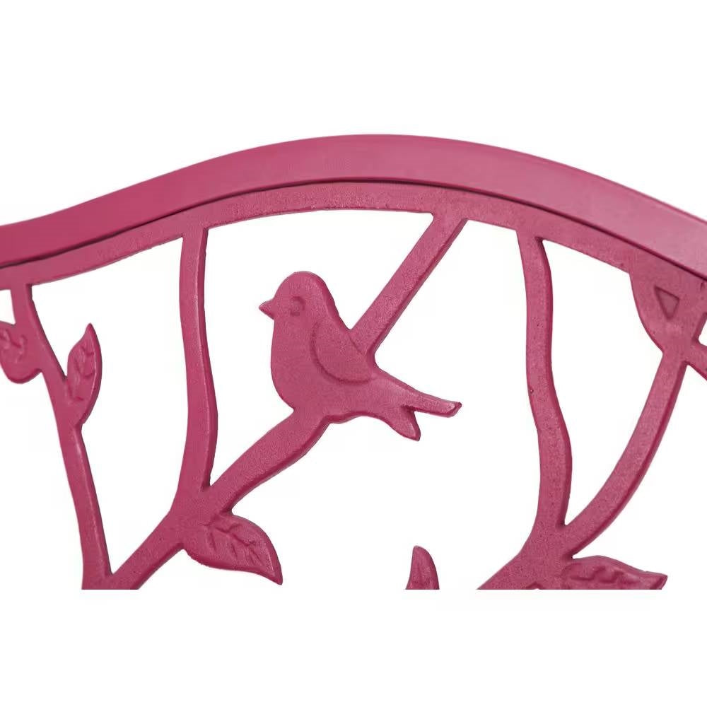 Red Steel Frame Outdoor Patio Garden Bench with Bird Branch Pattern Backrest, photo 3 of 4