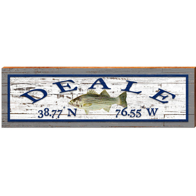 Deale Striped Bass White Shabby Latitude Longitude | Wall Art Print on Real Wood