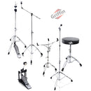 Complete Drum Hardware Pack 6 Piece Set by GRIFFIN | Full Size Percussion Stand Kit with Snare, Hi-Hat, Cymbal Boom, Throne Stool & Single Kick Drum Pedal | Lightweight and Portable, Perfect for Gigs