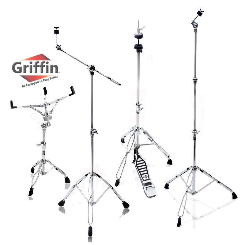 GRIFFIN Cymbal Stand Hardware Pack 4 Piece Set | Full Size Percussion Drum Hardware Kit with Snare Mount, Hi-Hat Pedal, Cymbal Boom, & Straight Cymbal Stand | Lightweight & Portable | Perfect for Gigs