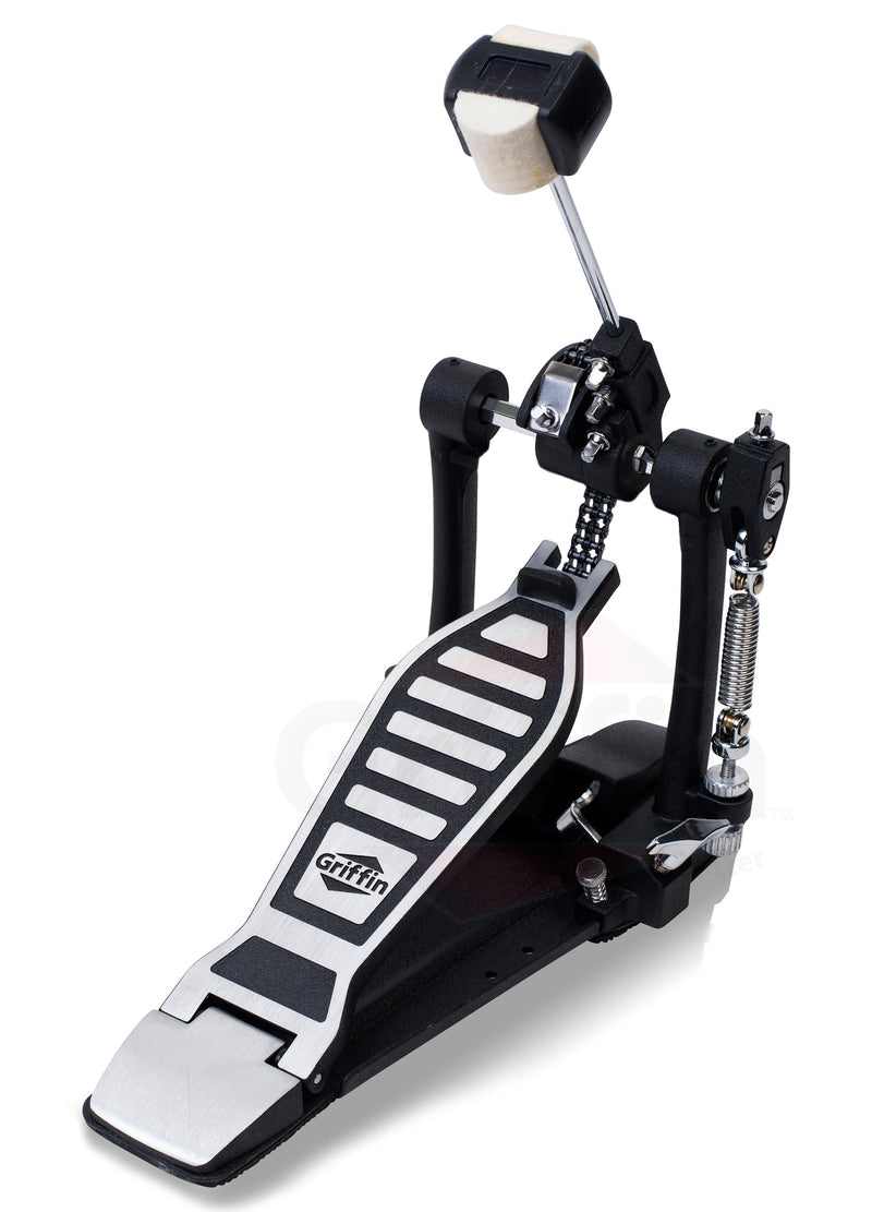 Single Kick Bass Drum Pedal by GRIFFIN | Deluxe Double Chain Foot Percussion Hardware for Intense Play | 4 Sided Beater & Fully Adjustable Power Cam System | Perfect for Beginner & Pro Drummers