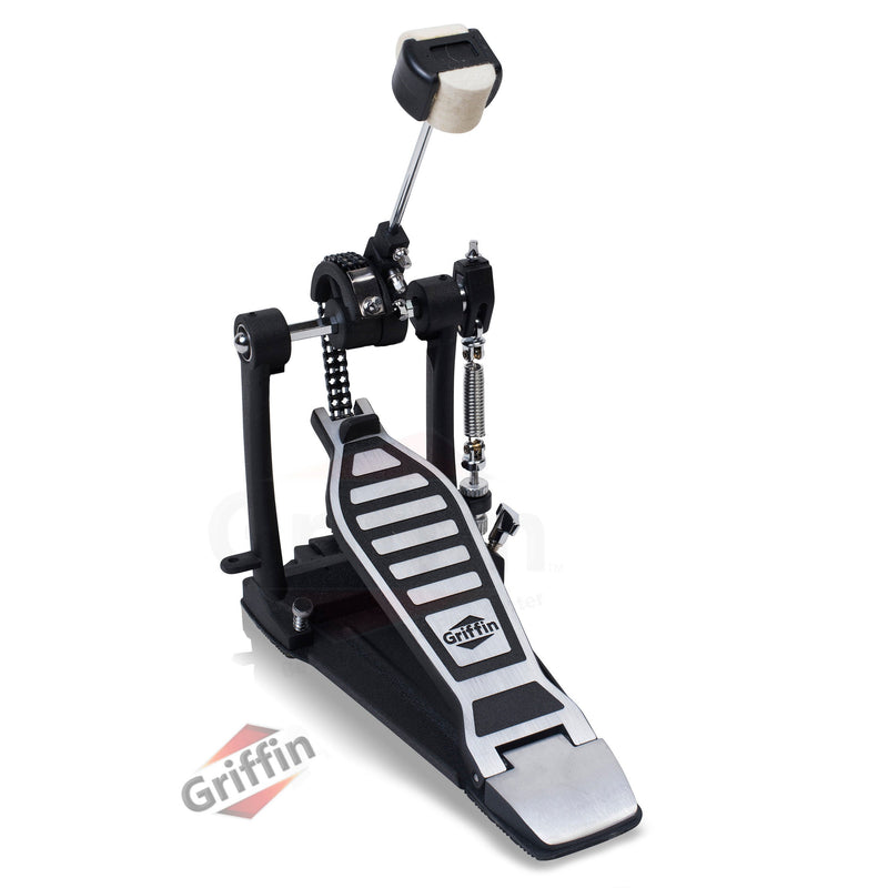 Single Kick Bass Drum Pedal by GRIFFIN | Deluxe Double Chain Foot Percussion Hardware for Intense Play | 4 Sided Beater & Fully Adjustable Power Cam System | Perfect for Beginner & Pro Drummers