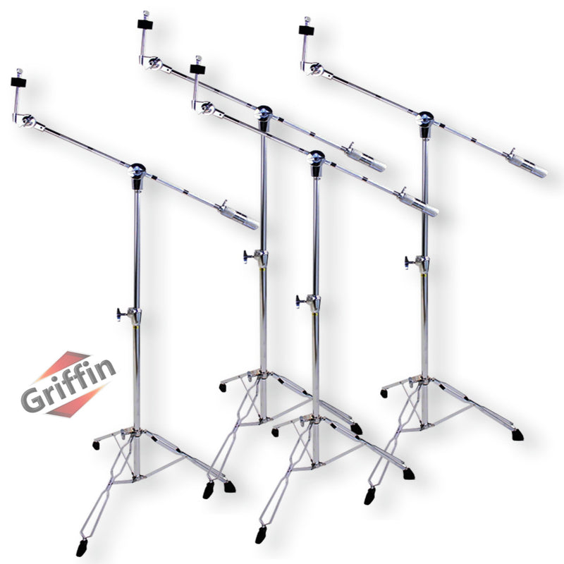 4 PACK Cymbal Boom Stands by GRIFFIN | Drum Kit Percussion Gear Chrome Hardware Set with Double Braced Tripod Legs | Drummers Counterweight Adapter for Mounting Heavy Duty Crash, Ride, Splash Cymbals