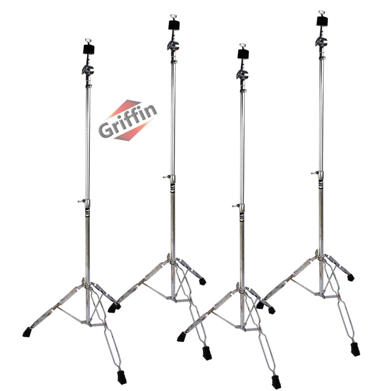 4 PACK - Straight Cymbal Stand Set by GRIFFIN | Double Braced Legs, Slip-Proof Gear Holder & Light-Duty for Mobile Drummers | Percussion Chrome Drum Hardware Kit for Mounting Crash & Splash Cymbals