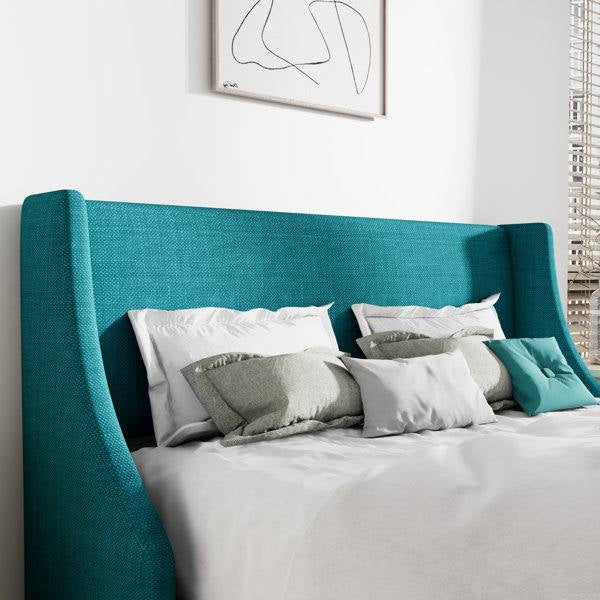 King Size Upholstered Linen Blend Headboard Wingback Platform Bed in Turquoise, photo 3 of 5