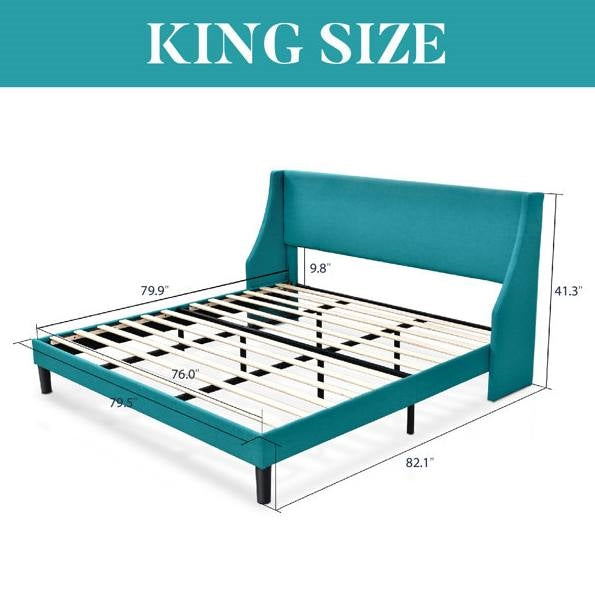 King Size Upholstered Linen Blend Headboard Wingback Platform Bed in Turquoise, photo 5 of 5