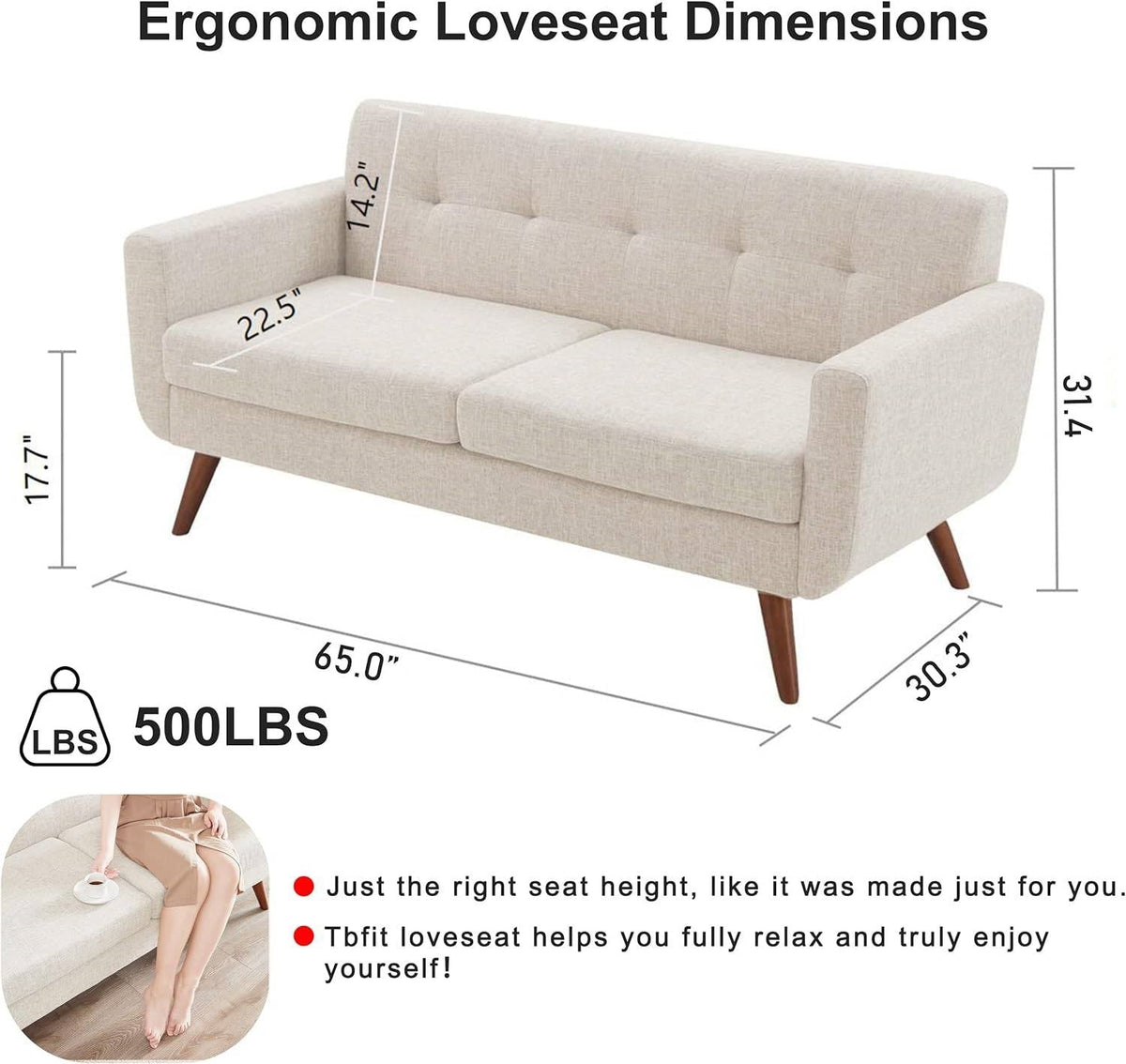 Modern Mid-Century Beige Cotton Polyester Upholstered Sofa Loveseat, photo 5 of 5