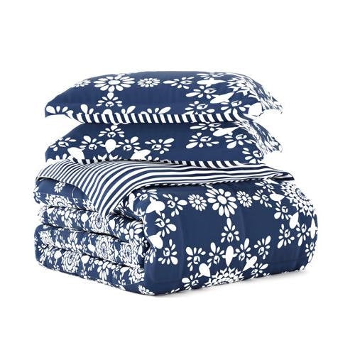 Twin size 3-Piece Navy Blue White Reversible Floral Striped Comforter Set, photo 3 of 4