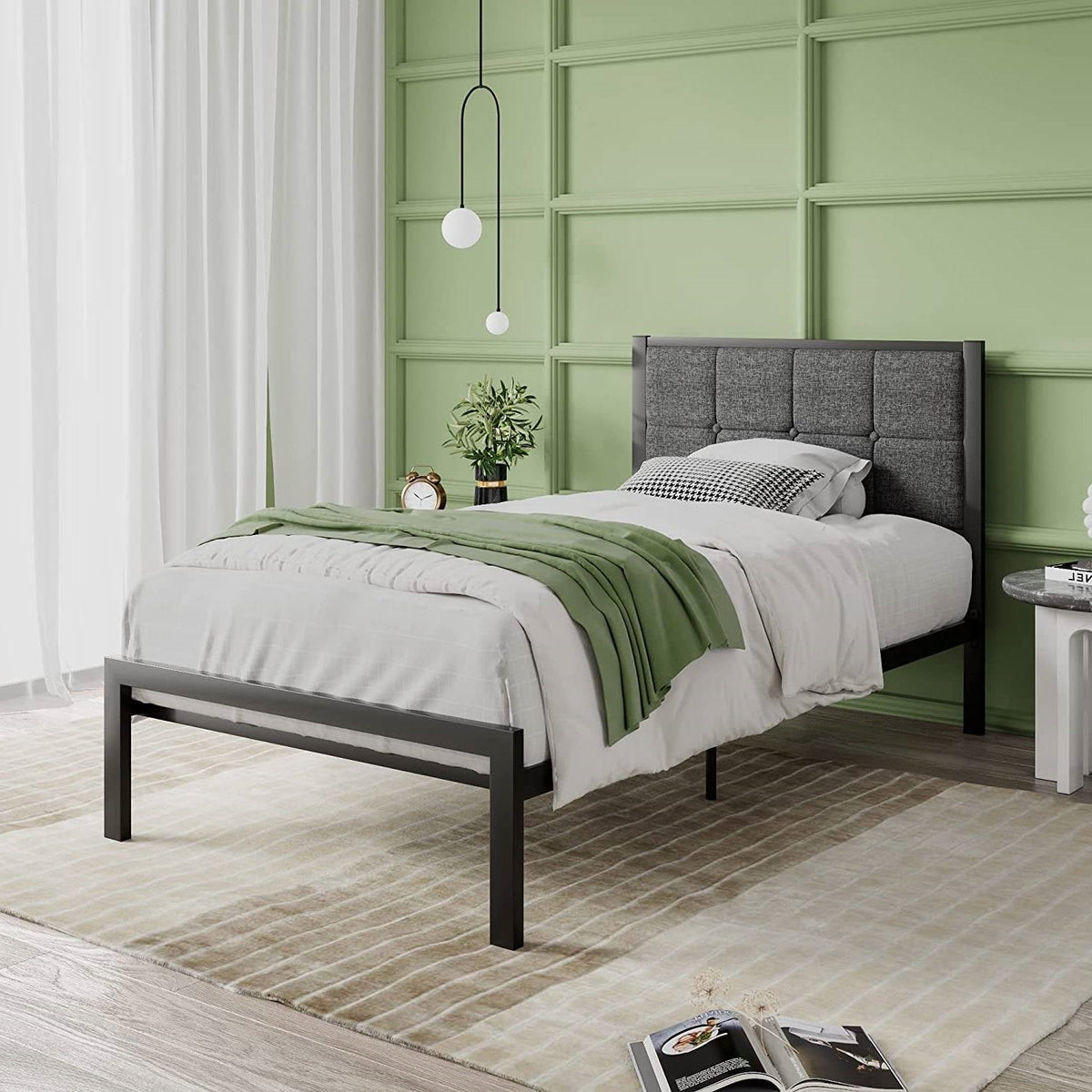 Twin Metal Platform Bed Frame with Gray Button Tufted Upholstered Headboard, photo 2 of 5