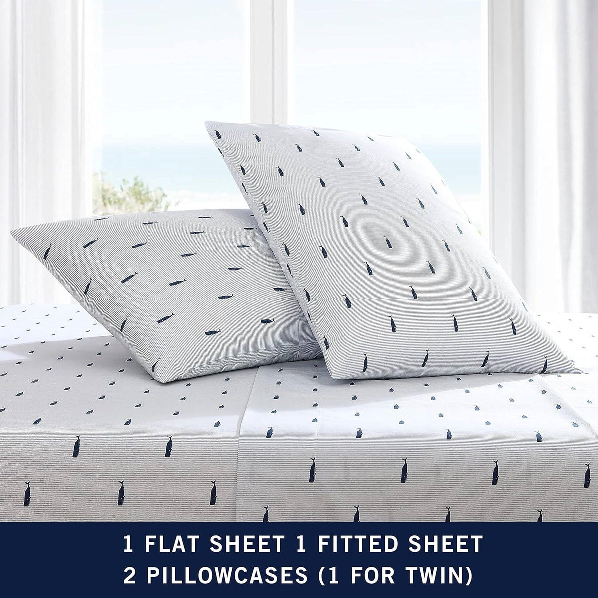 Twin size Coastal Beach 100-Percent Cotton Navy Blue White Stripe Sheet Set, photo 5 of 5