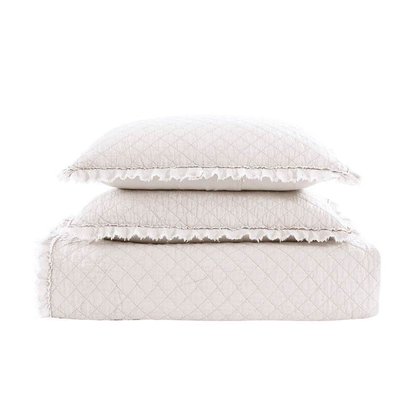 Twin White Farmhouse Microfiber Diamond Quilted Bedspread Set Frayed Edges, photo 2 of 3