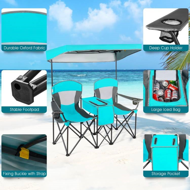 Turquoise Blue 2-Piece Folding Canopy Chair with Cup Holder and Storage Pocket, photo 2 of 5