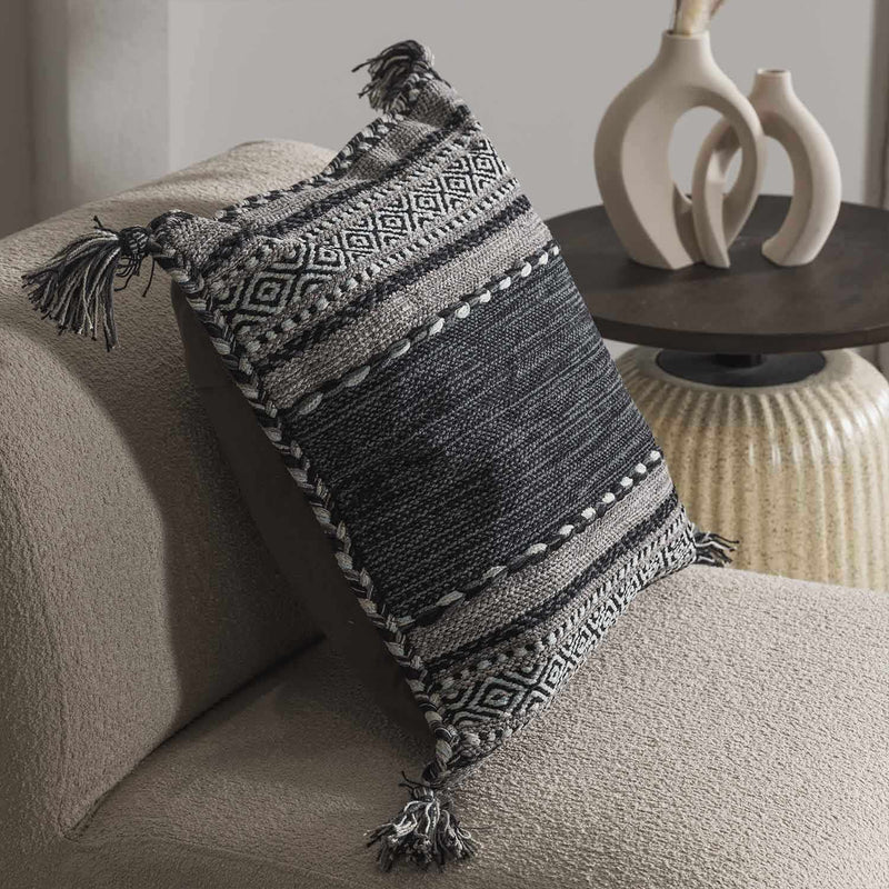Bensalem Black Geometric Fringe Throw Pillow