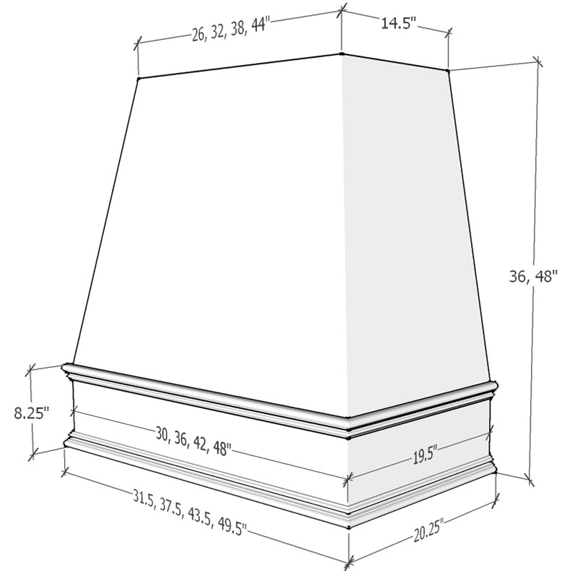 White Wood Range Hood With Tapered Front and Decorative Trim - 30", 36", 42", 48", 54" and 60" Widths Available