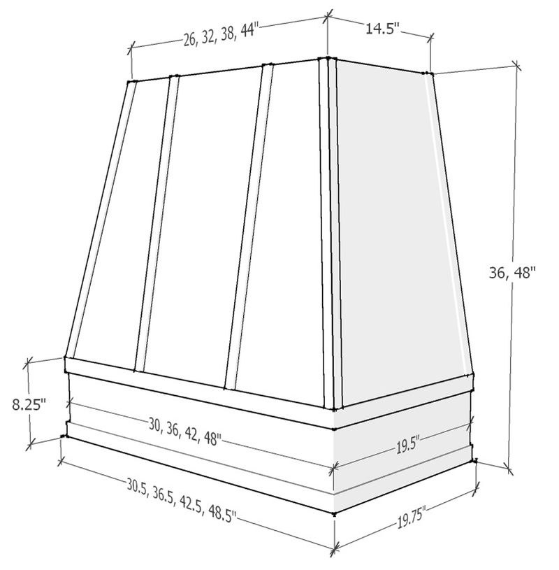 Antique White Wood Range Hood With Tapered Strapped Front and Block Trim - 30", 36", 42", 48", 54" and 60" Widths Available