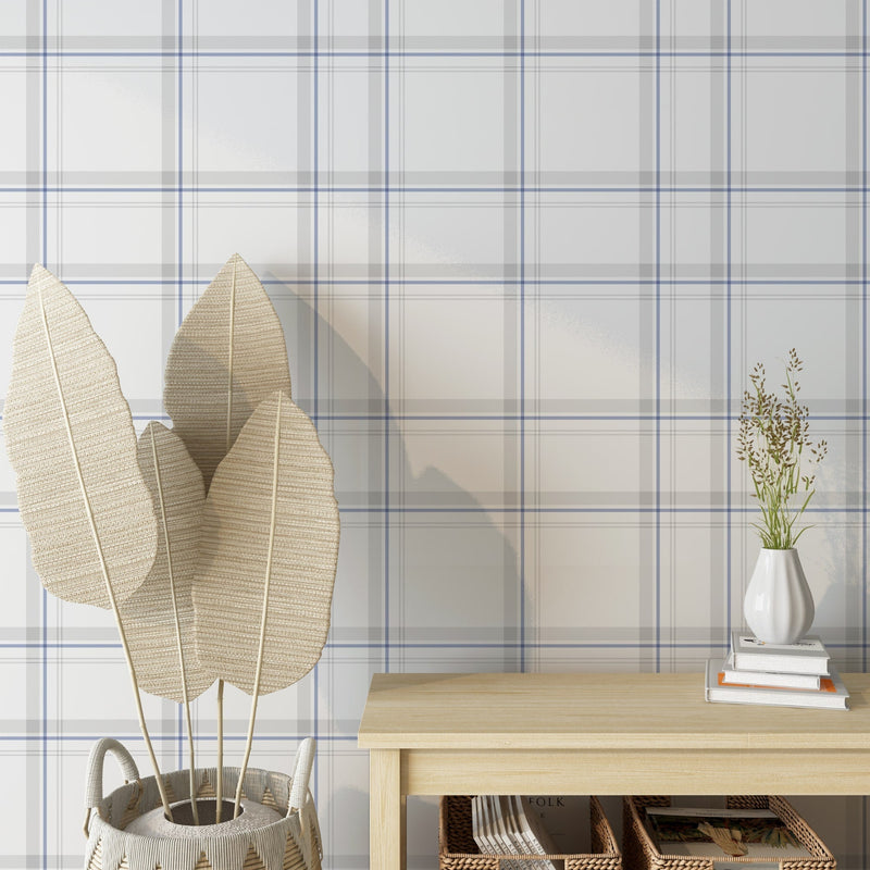 Minimalist Blue and White Plaid Wallpaper