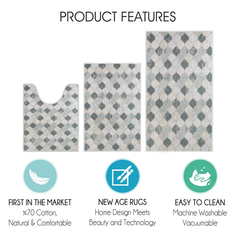 Moroccan Design 3 Piece Bathroom Rugs Set | Beige&Gray