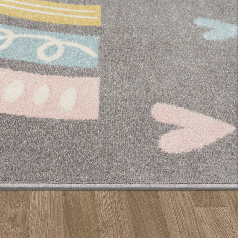 Kids Rug Nino with Rainbow and Hearts for Nursery in Grey