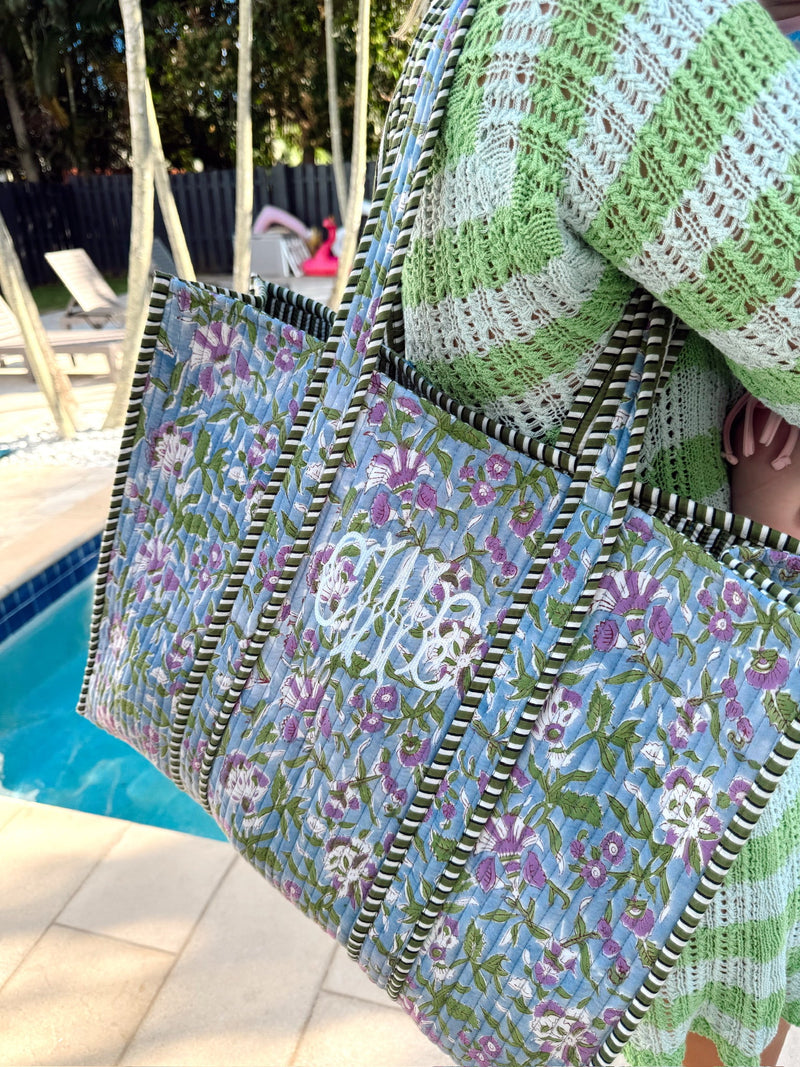 Quilted Block-Print Tote Bag