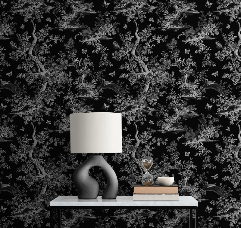 Black and White Toile De Jouy Vintage Wallpaper Mural.