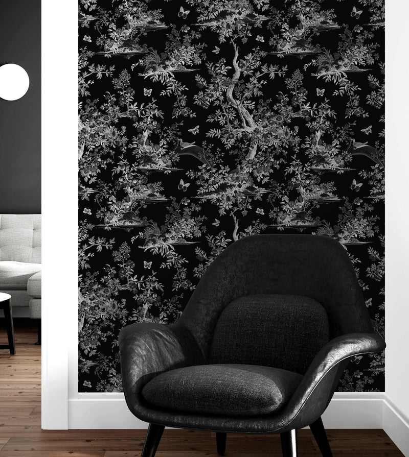 Black and White Toile De Jouy Vintage Wallpaper Mural.