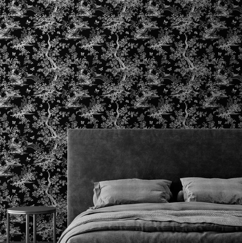 Black and White Toile De Jouy Vintage Wallpaper Mural.