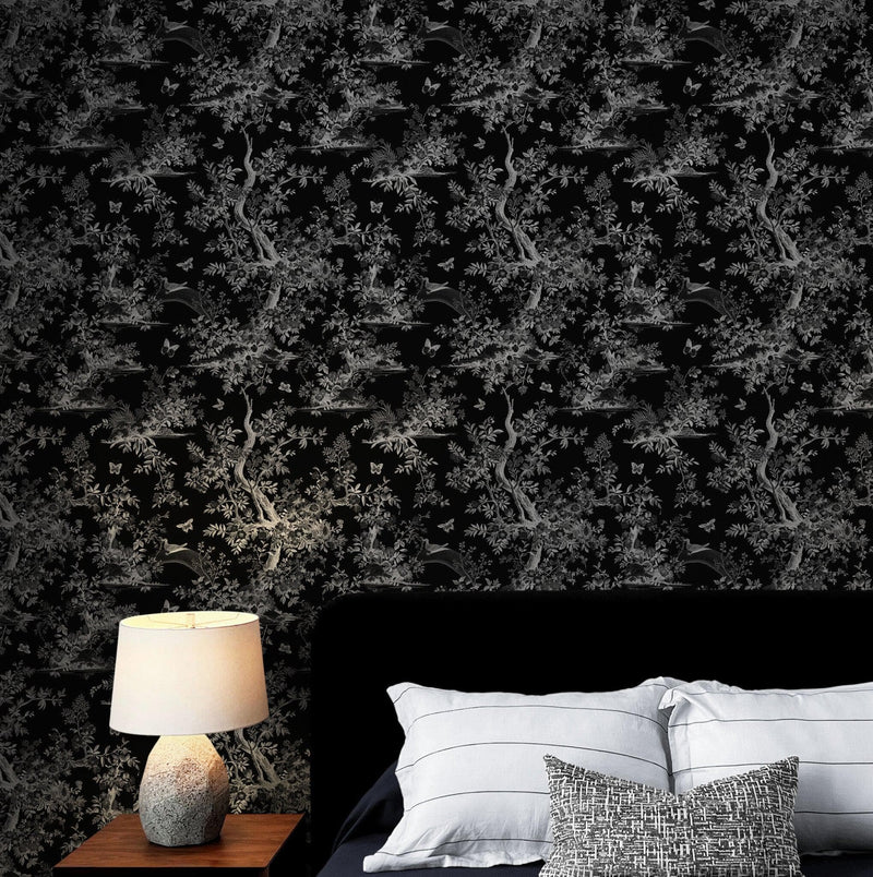 Black and White Toile De Jouy Vintage Wallpaper Mural.