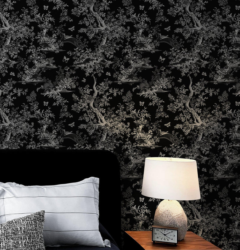 Black and White Toile De Jouy Vintage Wallpaper Mural.