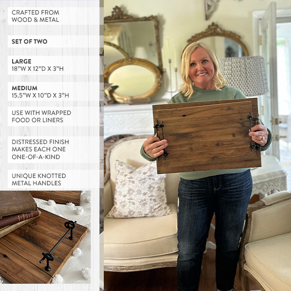 Rustic Wood and Metal Trays, Set of Two