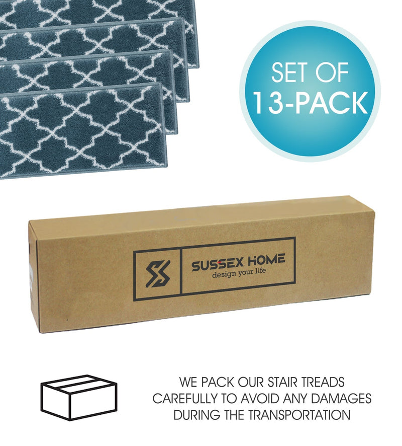 Stair Treads Rug 9"x28" Trellisville Collection | Teal & White
