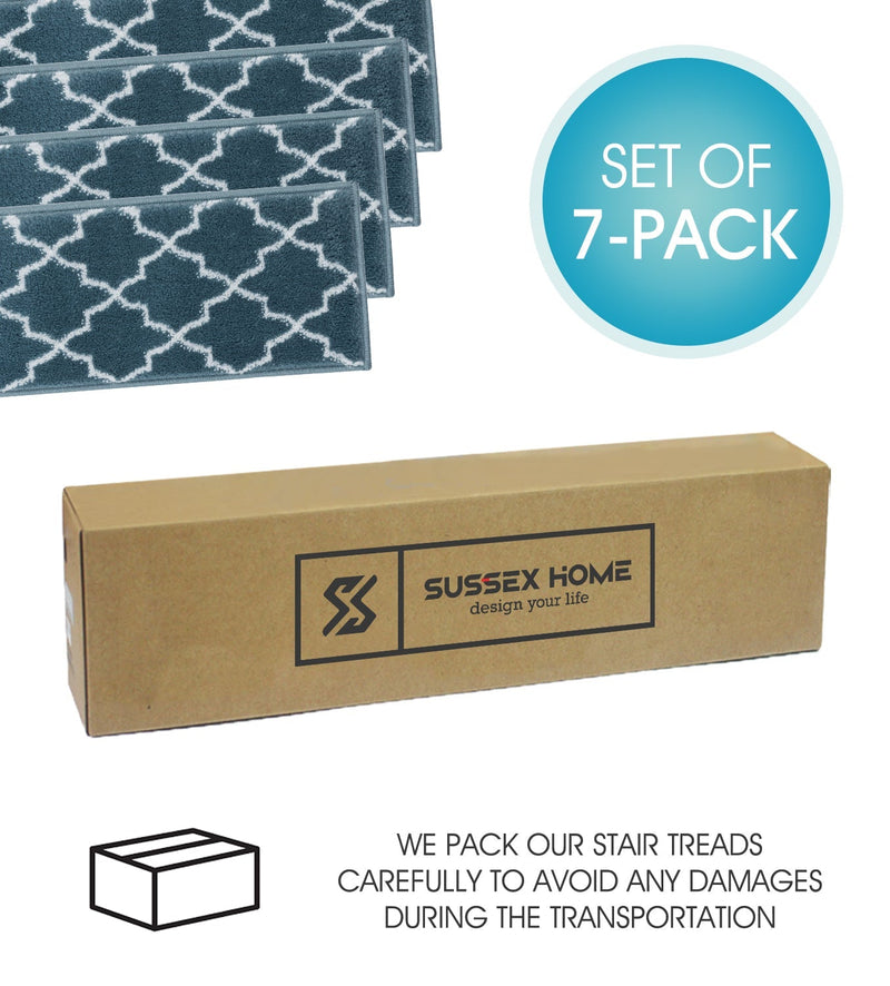 Stair Treads Rug 9"x28" Trellisville Collection | Teal & White