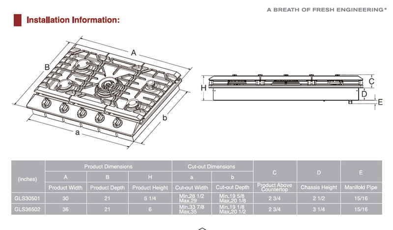 30"/36" Stainless Steel Tri-Ring Gas Cooktop Series | GLS30501 / GLS36502