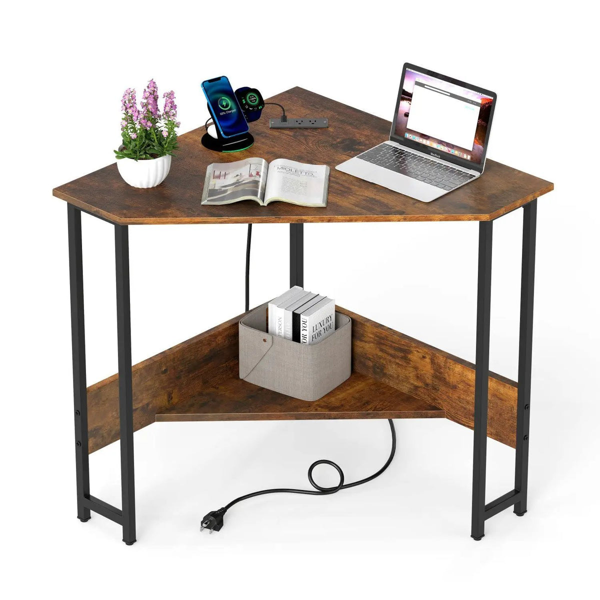 Triangle Corner Desk with Charging Station - Rustic Brown, photo 4 of 9