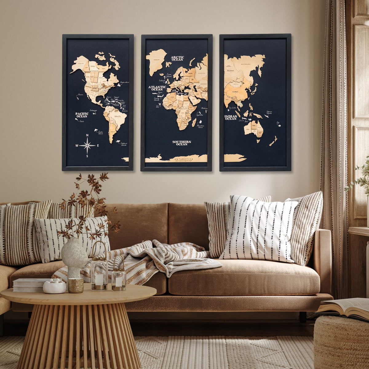 3D Wooden Triptych World Map Gold, photo 8 of 12