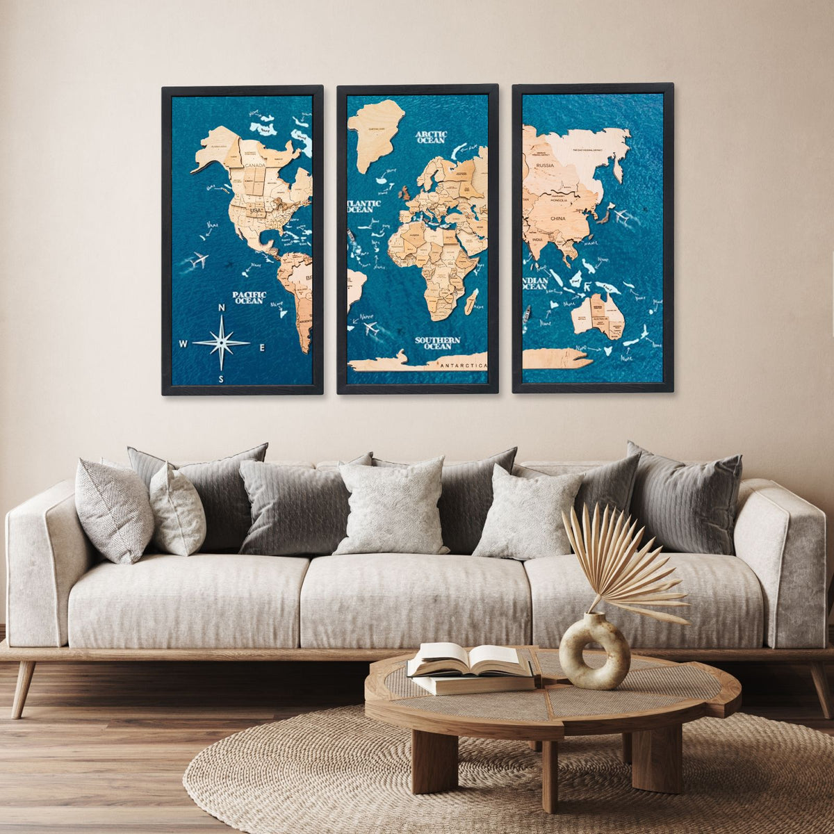 3D Wooden Triptych World Map Gold, photo 10 of 12