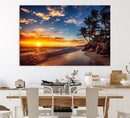 Tropical Beach Sunset Canvas Art, Palm Trees and Ocean Waves