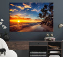 Tropical Beach Sunset Canvas Art, Palm Trees and Ocean Waves