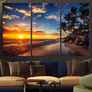 Tropical Beach Sunset Canvas Art, Palm Trees and Ocean Waves