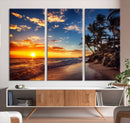 Tropical Beach Sunset Canvas Art, Palm Trees and Ocean Waves
