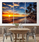 Tropical Beach Sunset Canvas Art, Palm Trees and Ocean Waves