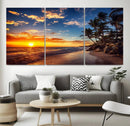 Tropical Beach Sunset Canvas Art, Palm Trees and Ocean Waves
